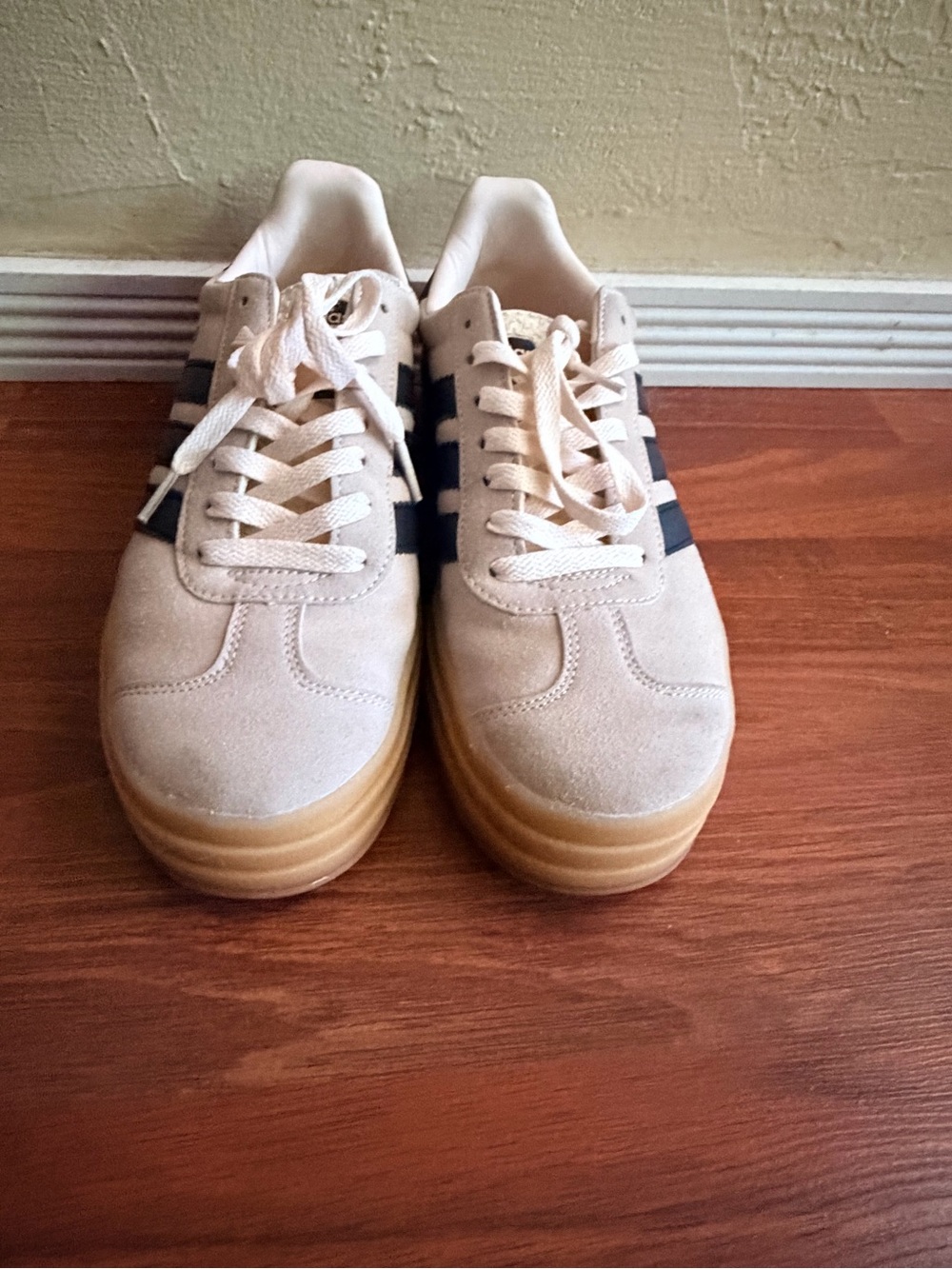 adidas Cream Suede Sneakers with Navy Stripes and Gum Sole - Picture 2 of 5